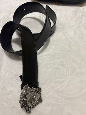 Versace Black Leather Belt with Sculpted Silver Medusa Buckle